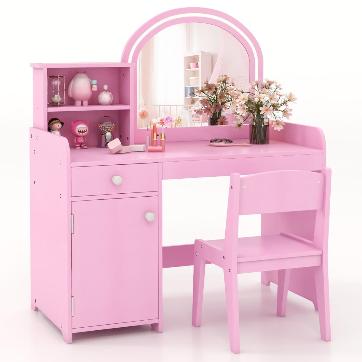 CostwayCoiffeuse et Tabouret pour Enfants avec Miroir et 120 Lumières LED Bureau Enfants avec Chaise 2 Étagères et Tiroir Rose