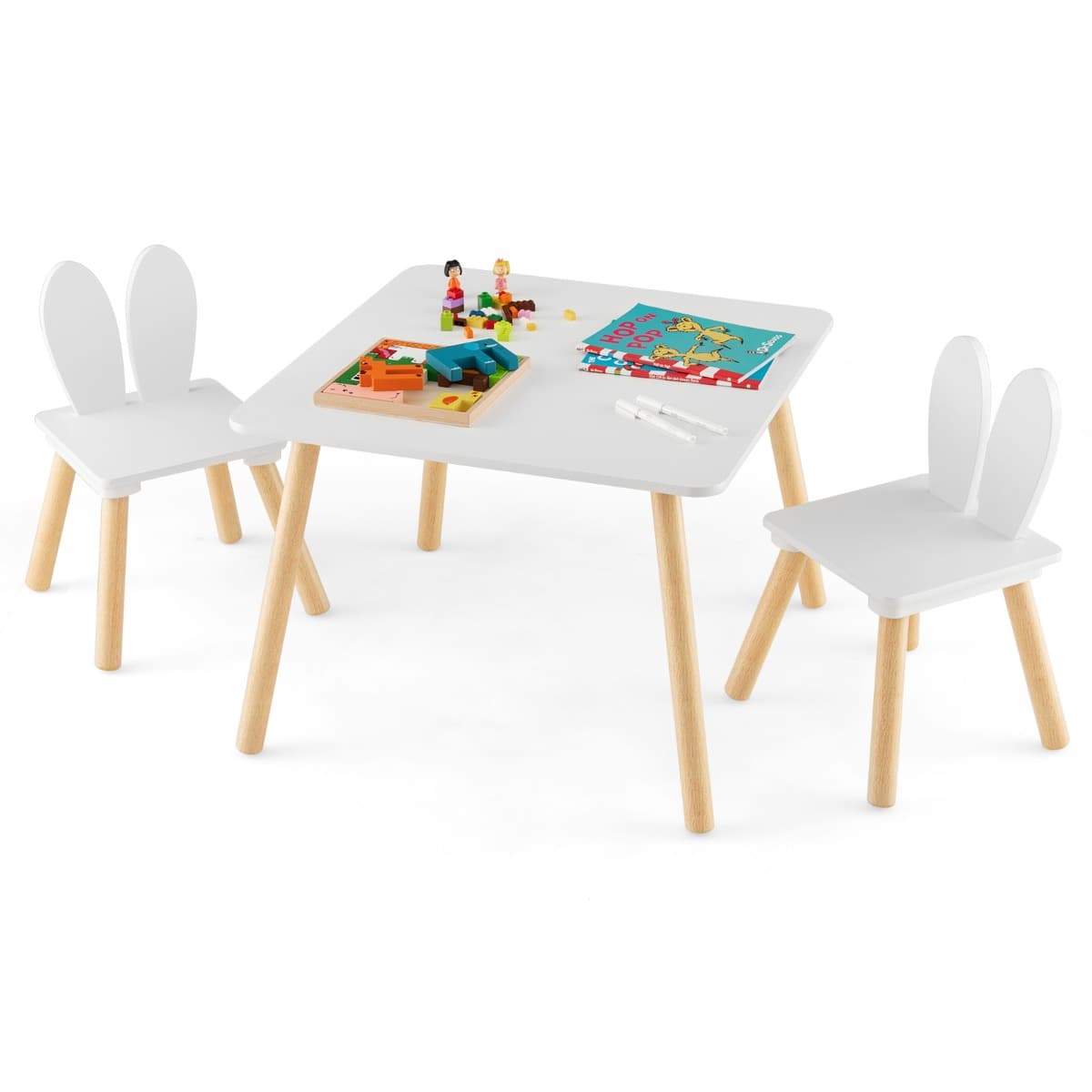 CostwayTable et 2 Chaises Enfants 3-6 Ans en Forme Lapin, Chaises Ergonomique pour pour Jouer Dessiner Manger Blanc
