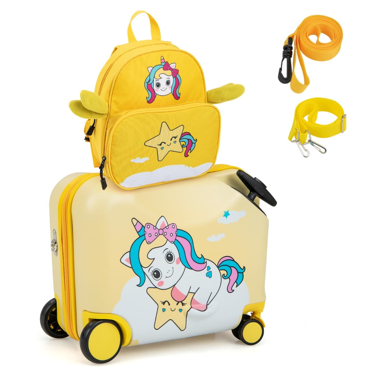 Costway18”Valise à Roulettes Enfants avec 12”Sac à Dos Bagages à Main avec Poignée Rétractable Modèle d'Abeille pour 3 Ans+ Jaune